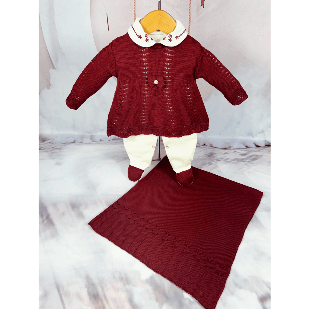Kit Saida de Maternidade Menina Bebe Tricot Vinho Vestido