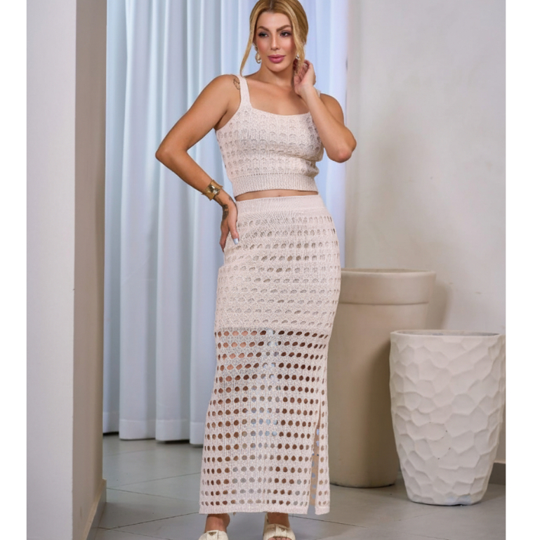 Conjunto Tricot Cropped e Saia Midi Forrada Rendado Feminino Vestido Verão Saída Praia