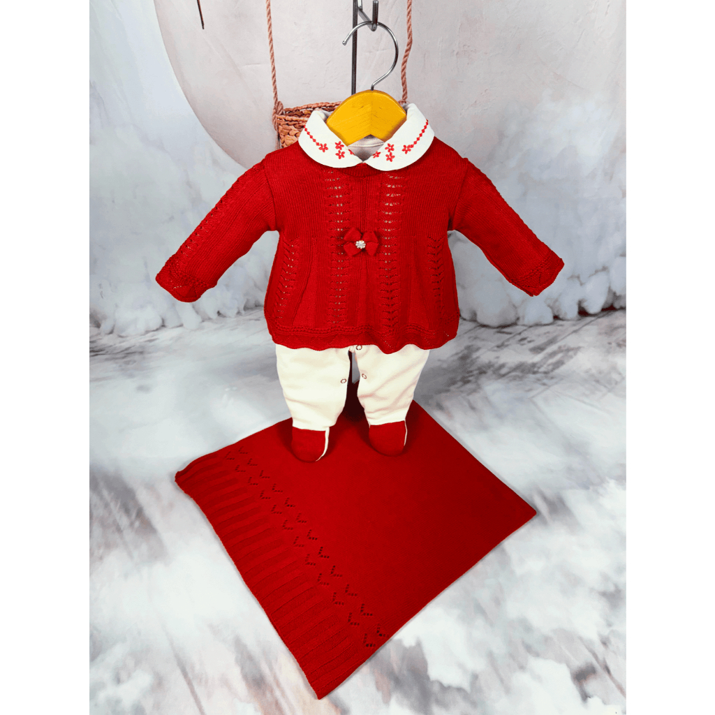 Kit Saida de Maternidade Menina Bebe Tricot Vermelho Vestido