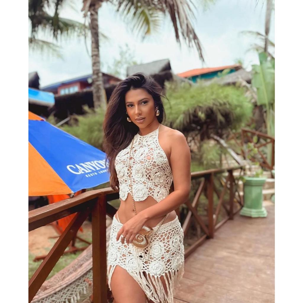 Conjunto Saída de Praia Feminina Tricot Verão 2026 | Saia e Top de Tricô Rendado | Moda Praia Crochê