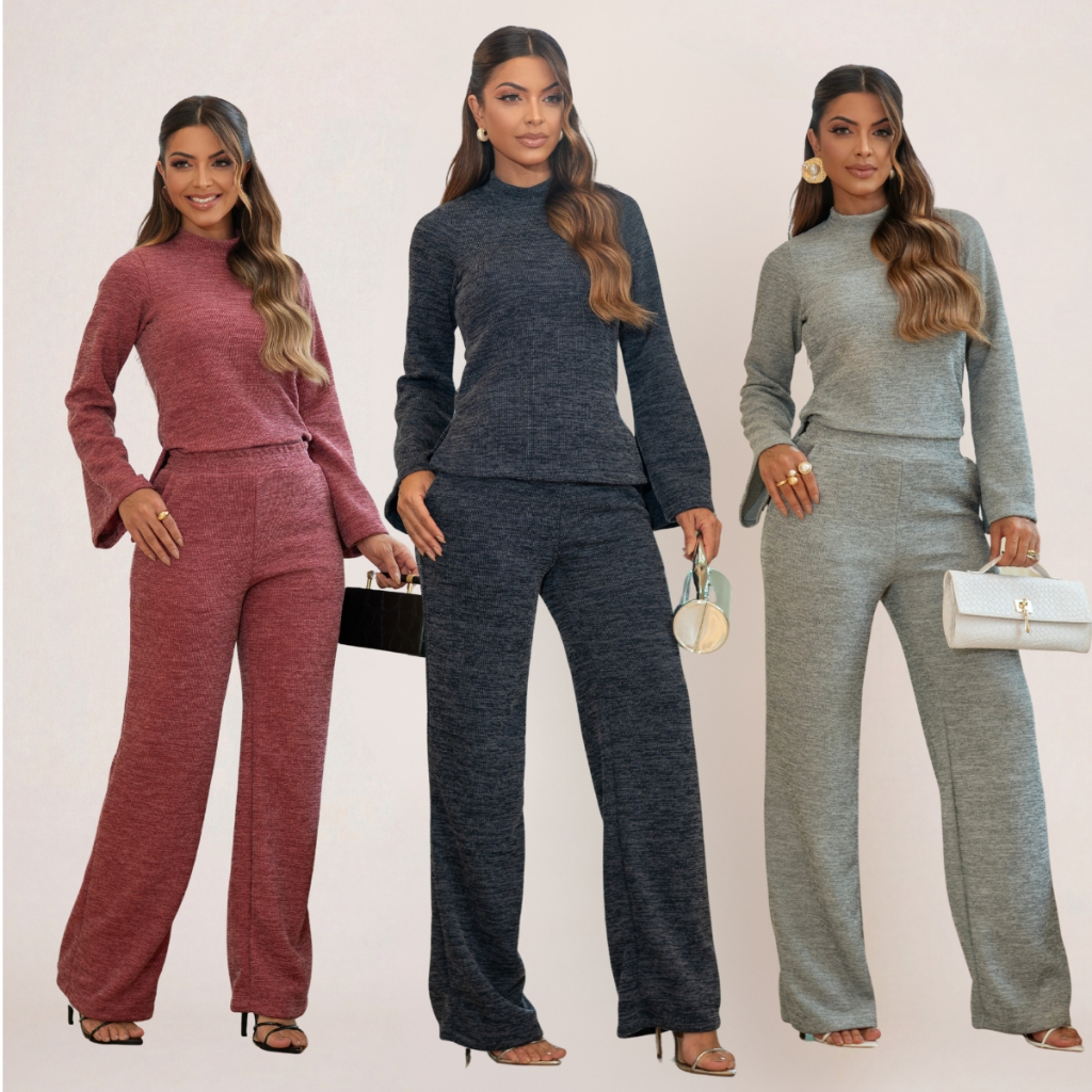 Conjunto de Calça Pantalona Wide Leg e Blusa Gola Alta de Tricô Tricot Forrada Inverno Frio