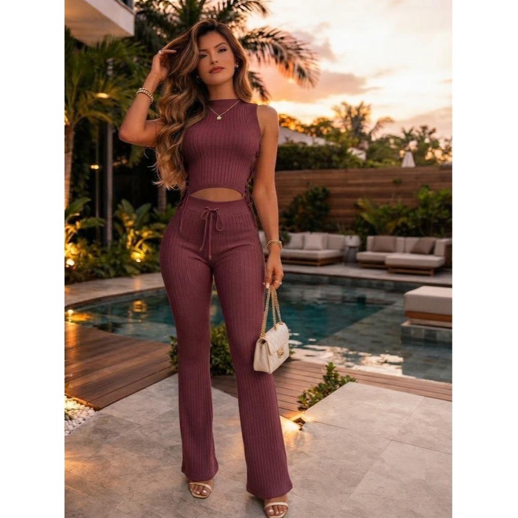 Conjunto Feminino Tricot Modal Cropped Amarração E Calça Flare Cós Alto e Cordão de Amarração