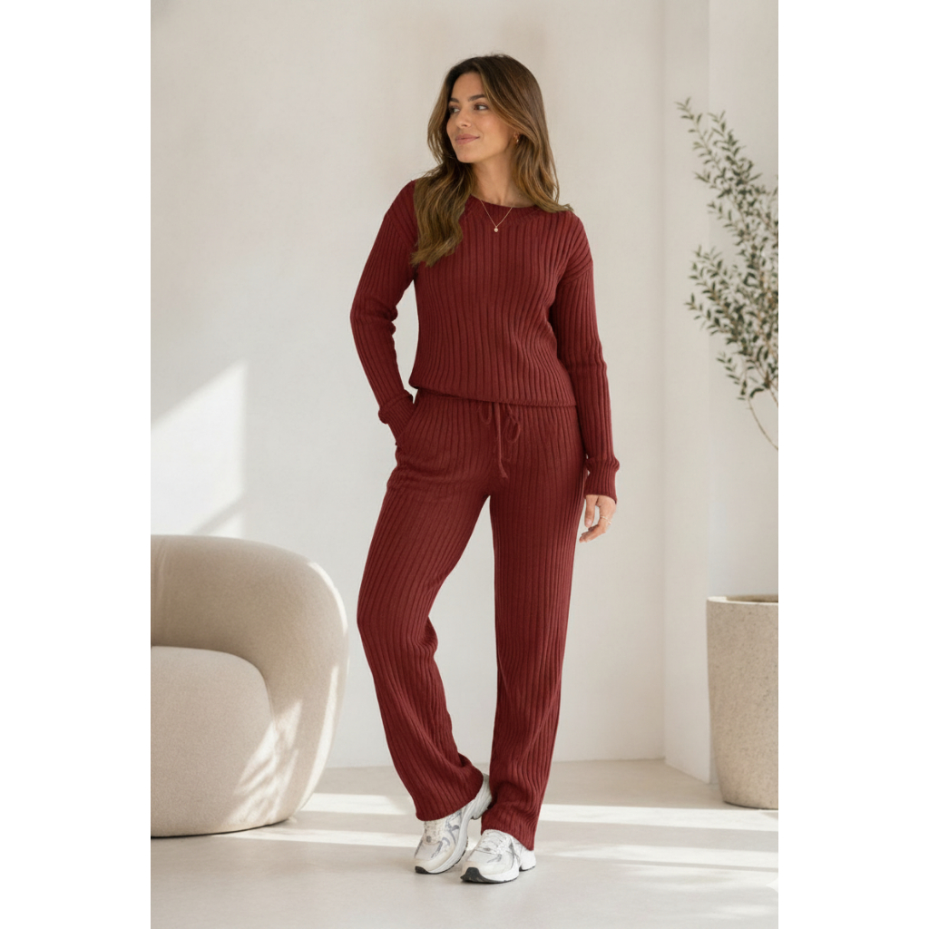 Conjunto Feminino Tricot Canelado Blusa Manga Longa e Calça Inverno
