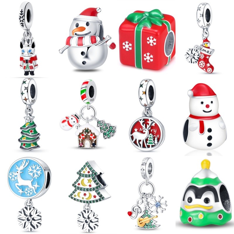 Novo produto charme S925 prata esterlina natal redondo neve veados frisado natal boneco de neve árvore de natal charme p