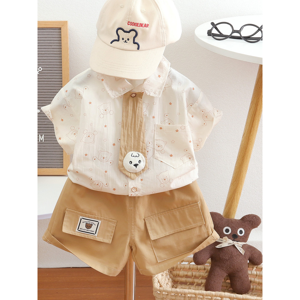 Roupas de bebê verão estilo fino versão coreana gravata borboleta britânica manga curta Shorts terno um ano de idade beb