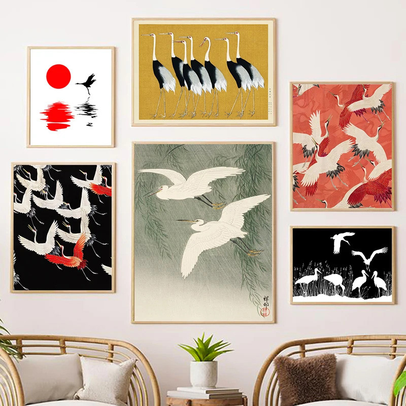 Guindaste Vermelho Hokusai Pintura Em Tela Eclectic Azul Herói Costeira Vintage Tipográfico Cartazes Para Sala De Estar