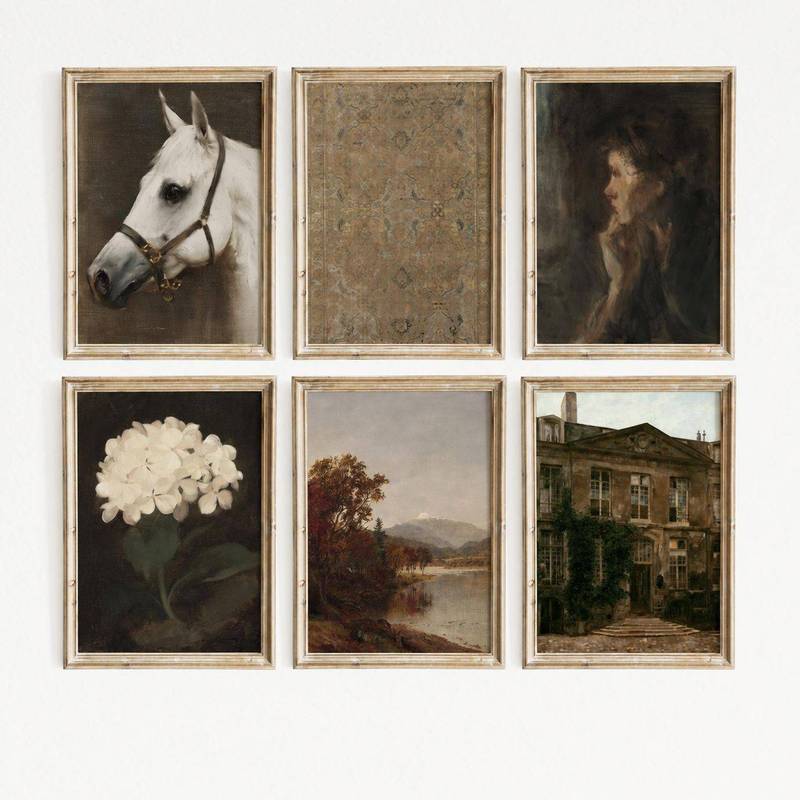 Vintage Gallery Wall Antique Eclectic Horse Floral Landscape French Country Poster No Frame Canvas Painting Living Room
