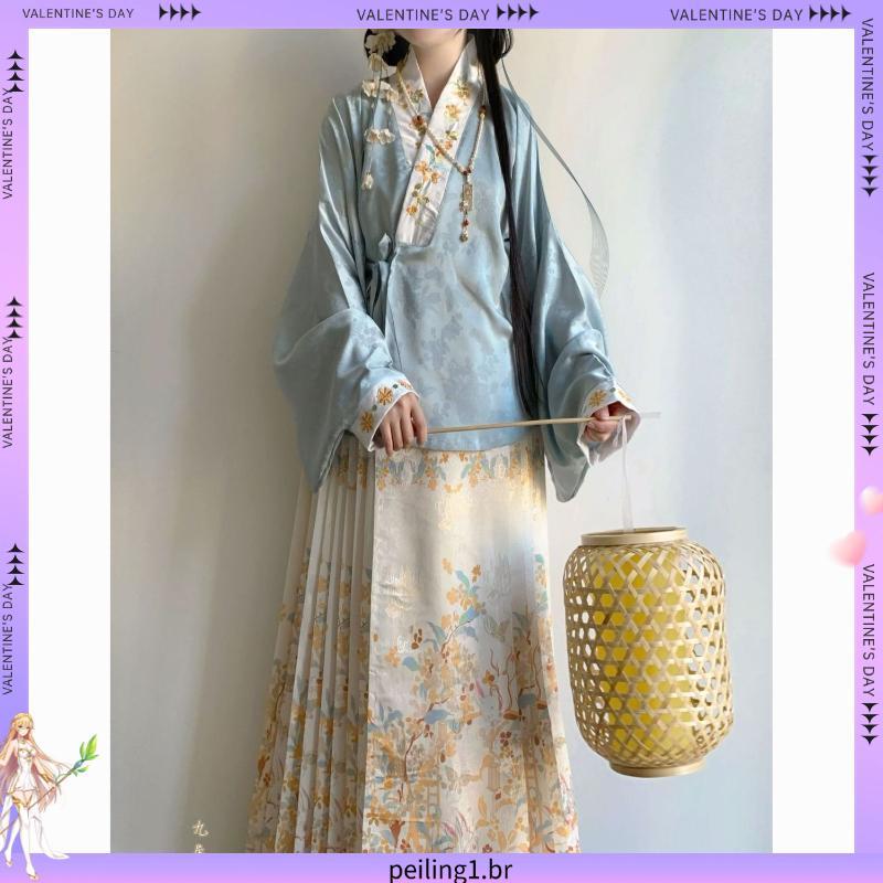 Yumanting Original Ming feito Hanfu Huaxitu Hanyang Eclectic diário gola cruzada bordado rosto de cavalo terno Loli