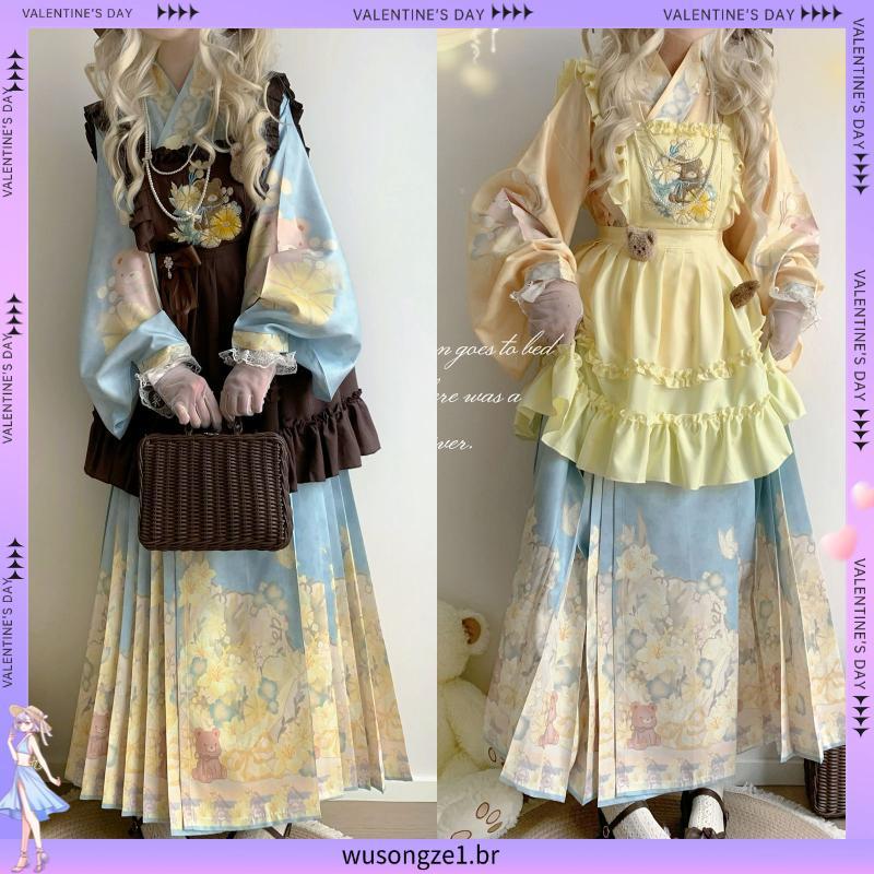 Acácia Original Hanfu Hanyang Eclectic feito gola cruzada vestido de manga Pipa Lolita terno diário de rosto de cavalo