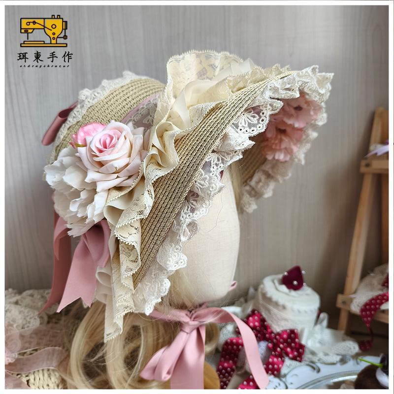 Dong feito à mão Lolita Hanyang Eclectic coreano rosa chapéu de palha bnt gorro chapéu flor lo elegante chapéu