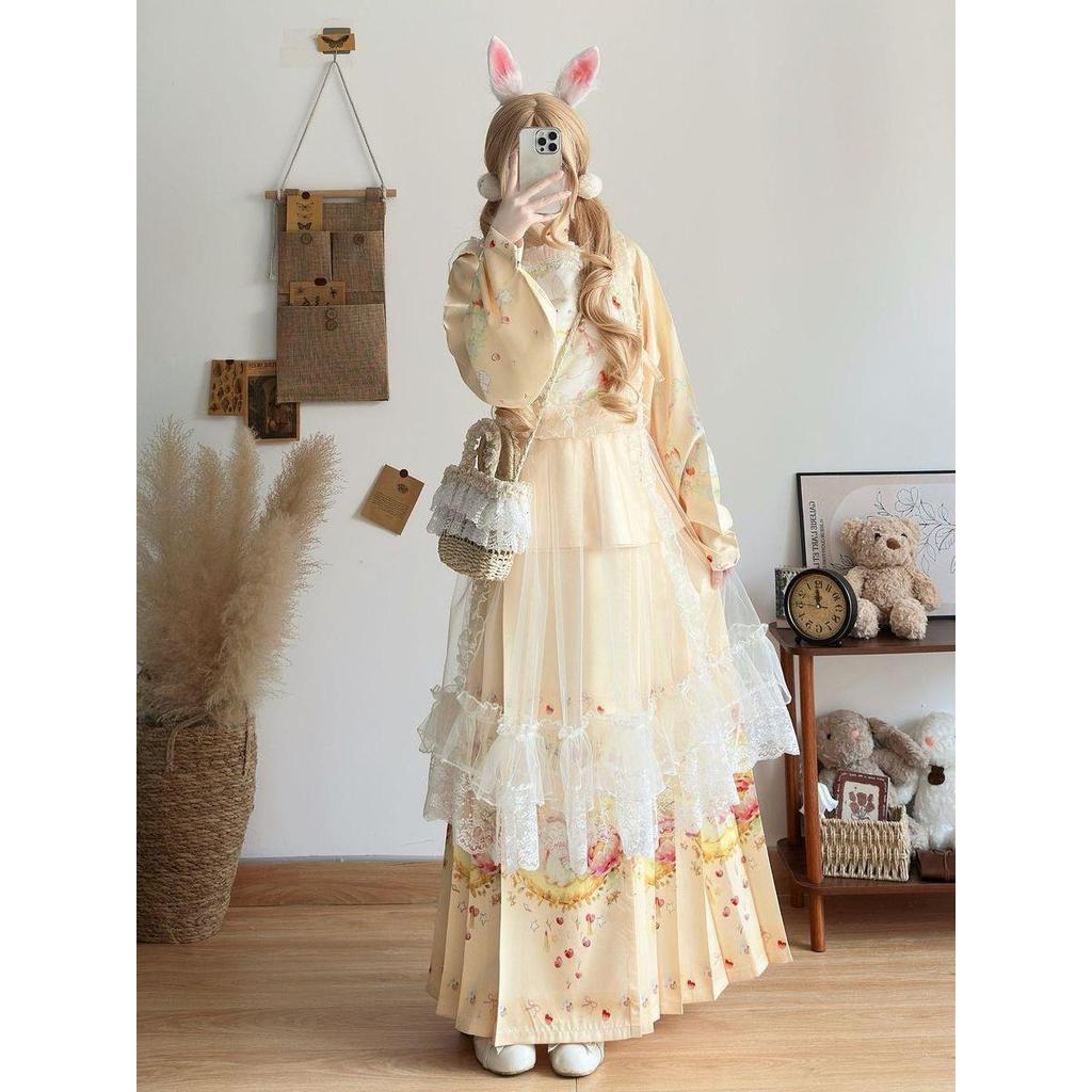 Huayu Original Amarelo Rosa Hanyang Eclectic Pipa Mangas Ming Feito Lolita Hanfu Terno Overskirt Diário