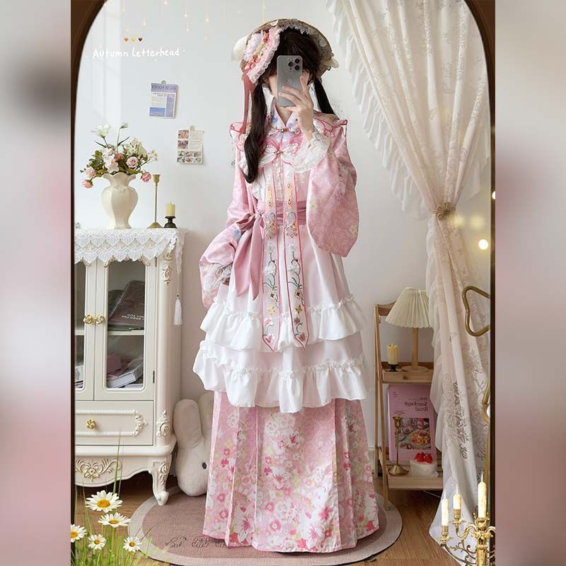 Lolita Hanfu Mingma feito bordado rosto terno nuvem Eclectic Original Pipa manga borboleta saia flor Hanyang Lan ombro