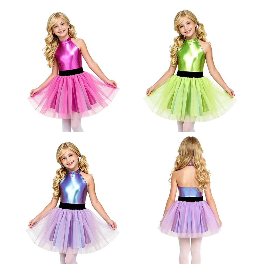 inhzoy Kids Girls Halter Neck Sleeveless Layered Ruffled Tulle Tutu Skirt Dress for Halloween Cosplay Themed Party