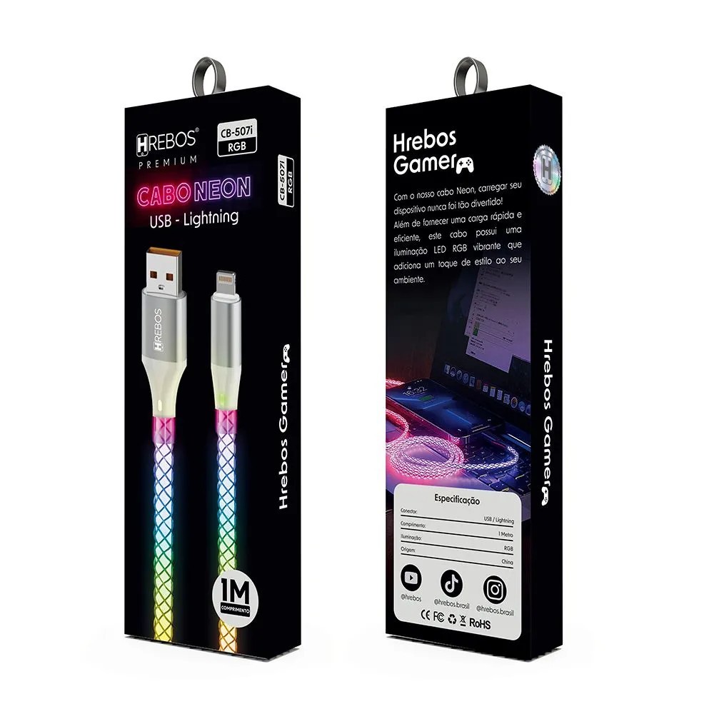 Cabo Neon Solid Braid USB para Lightning 1Metro com Luz de Led Hrebos CB-507i