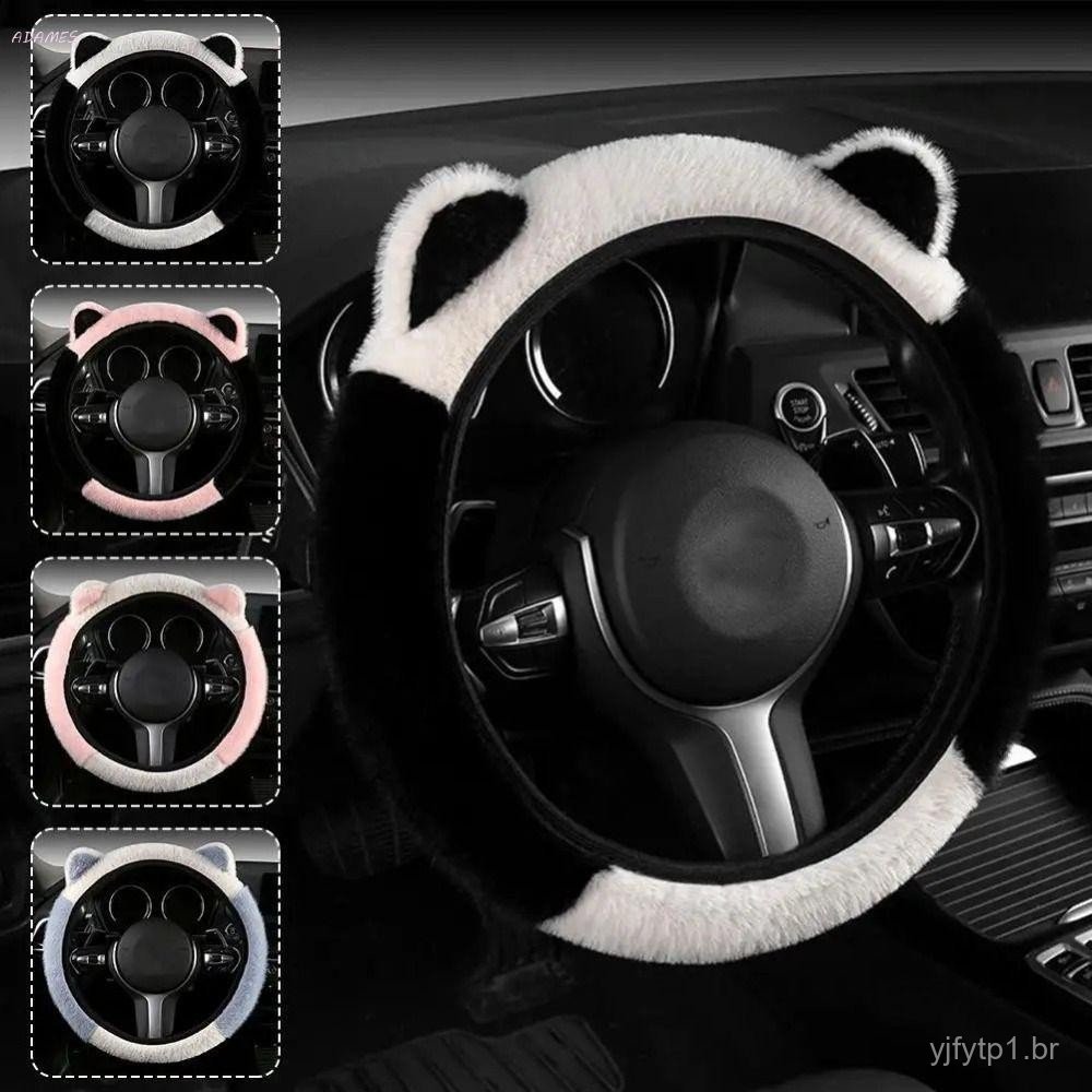Capa de volante com orelhas de gato, macia e felpuda, à prova de frio, antiderrapante.
