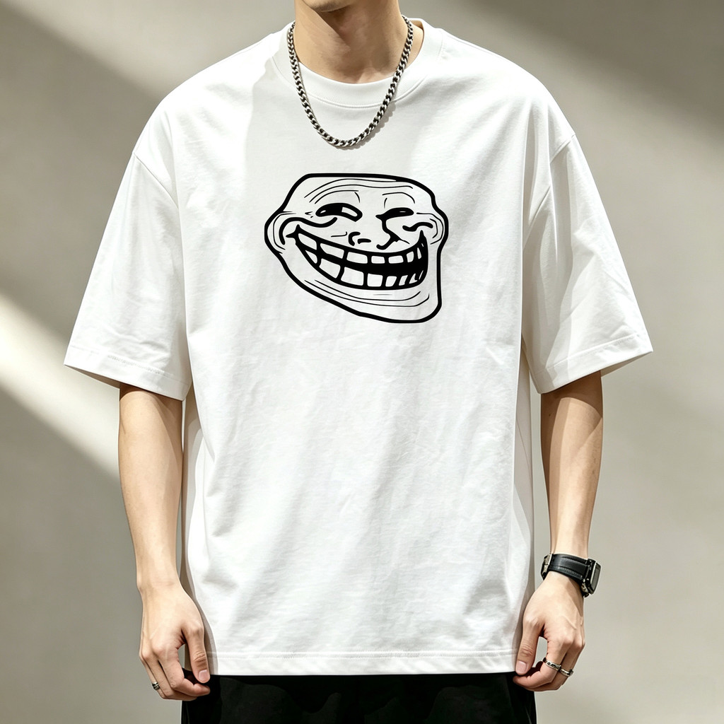 Camiseta Masculina Estampa Trollface Meme, Algodão Macio, Estilo Casual Urbano