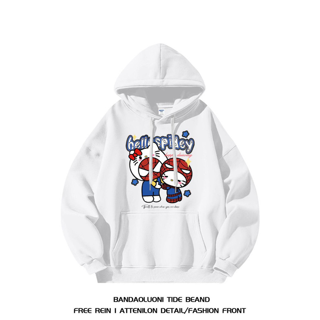 Moletom Canguru Inverno Novo Solto Americano Street Estilo Hip Hop Cartoon Impresso Homem Aranha Hello Kitty Promoção