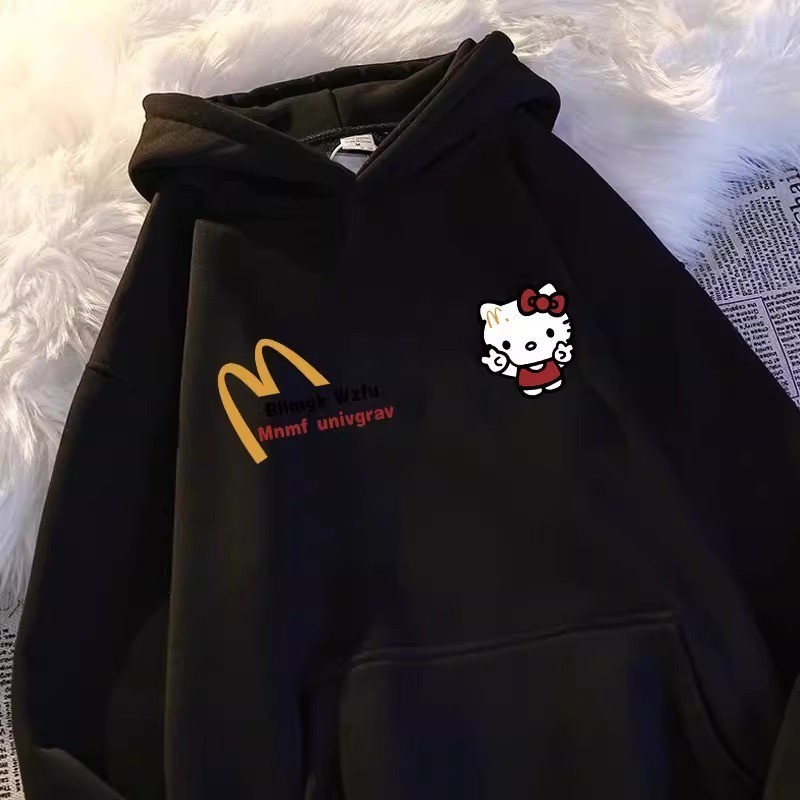 Americano Retro Cartoon HelloKitty Impresso Moletom Com Capuz Feminino Estilo Doce Japonês Solto