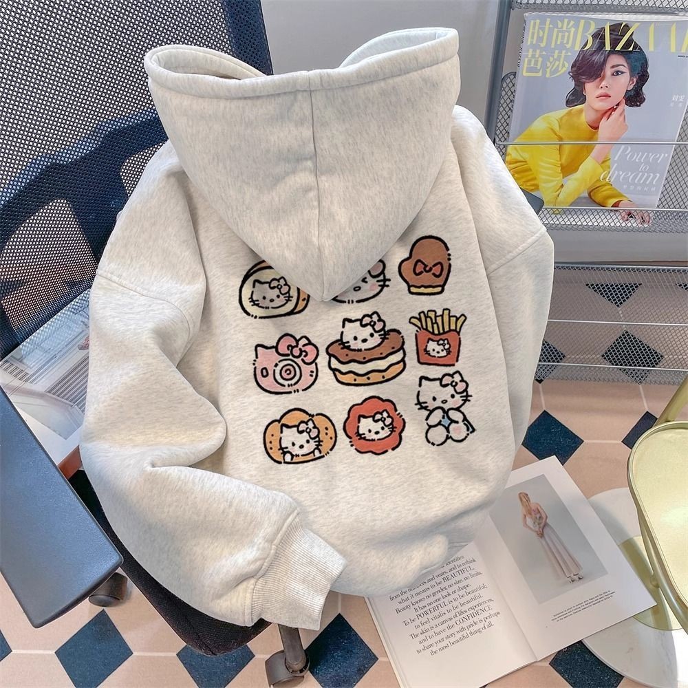 Cartoon HelloKitty Estampado Moletom Com Capuz Feminino Coreano Doce Estilo Universitário Manga Comprida