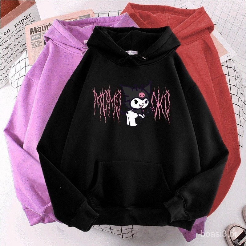Bonito Cartoon Engraçado  Kuromi Hello Kitty Moletom Canguru Estilo Japonês