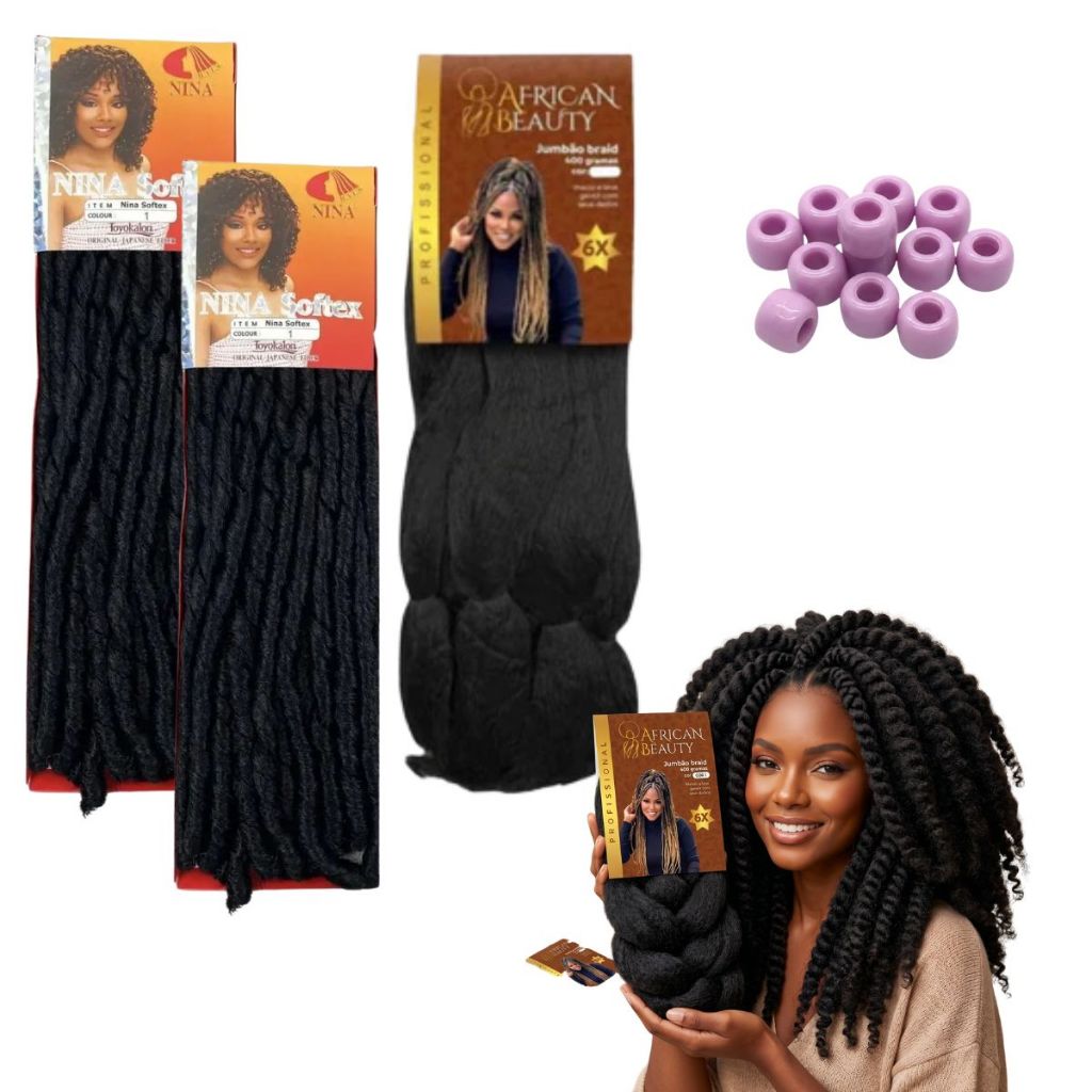 Kit Estilo Afro Nina Soft E Jumbo African Beauty + Miçangas Tranças