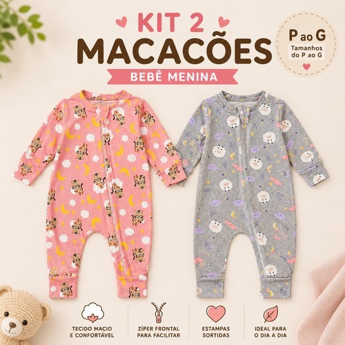 Kit 2 Macacões Soft Bebê Menina Inverno com Zíper Toque de Pêssego Quentinho Macio RN ao G