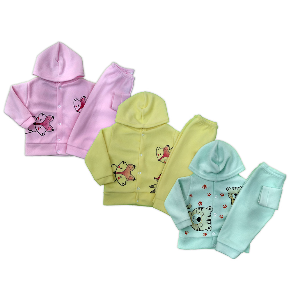 Kit 3 Conjuntos Bebê Soft Peluciado Manga Longa Inverno