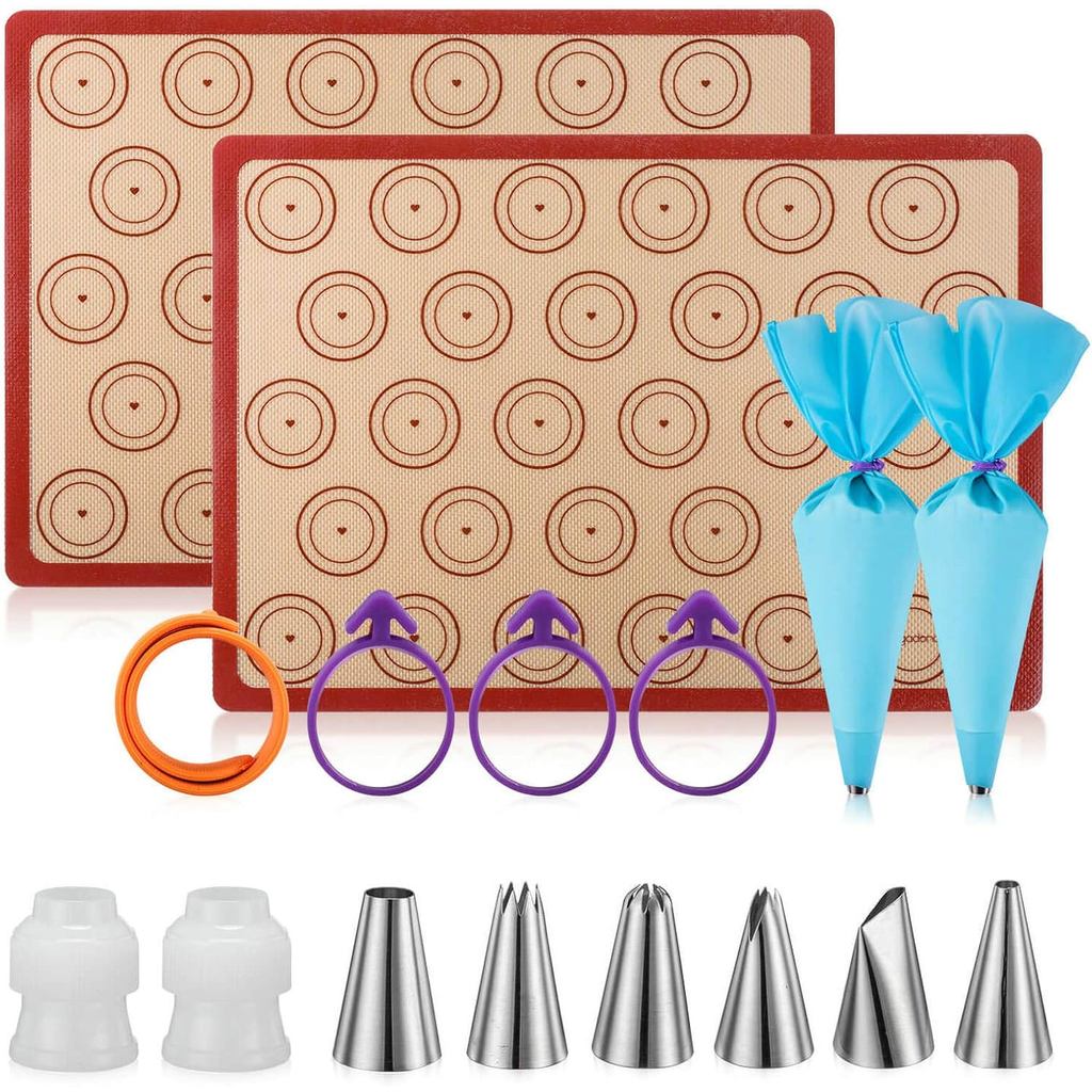 Angadona Macaron Silicone Baking Mats Kit (16pcs set) Macaroon Baking Mat Set of 2 Half Sheet Macaron Silicone Mat Nonst