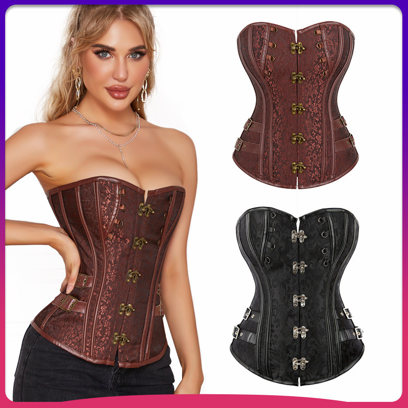 Corselete Feminino Novo Vintage Steampunk com Barbatanas de Plástico, Fivela de Tigre, Cinta Modeladora de Cintura, Esti