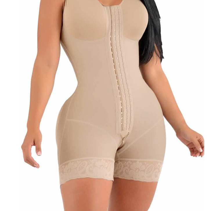 Modelador de corpo inteiro com zíper, alto nível de compressão pós-cirúrgico, adequado para cirurgia plástica abdominal.