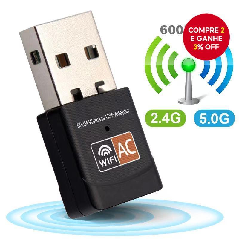 Adaptador USB Wifi Dual Band 2.4GHz 5GHz 600Mbps Sem Fio Para Laptops De Mesa