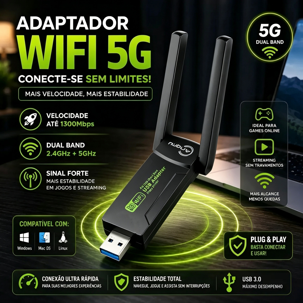 Adaptador USB Wi-Fi Dual Band 1300Mbps com Alta Velocidade