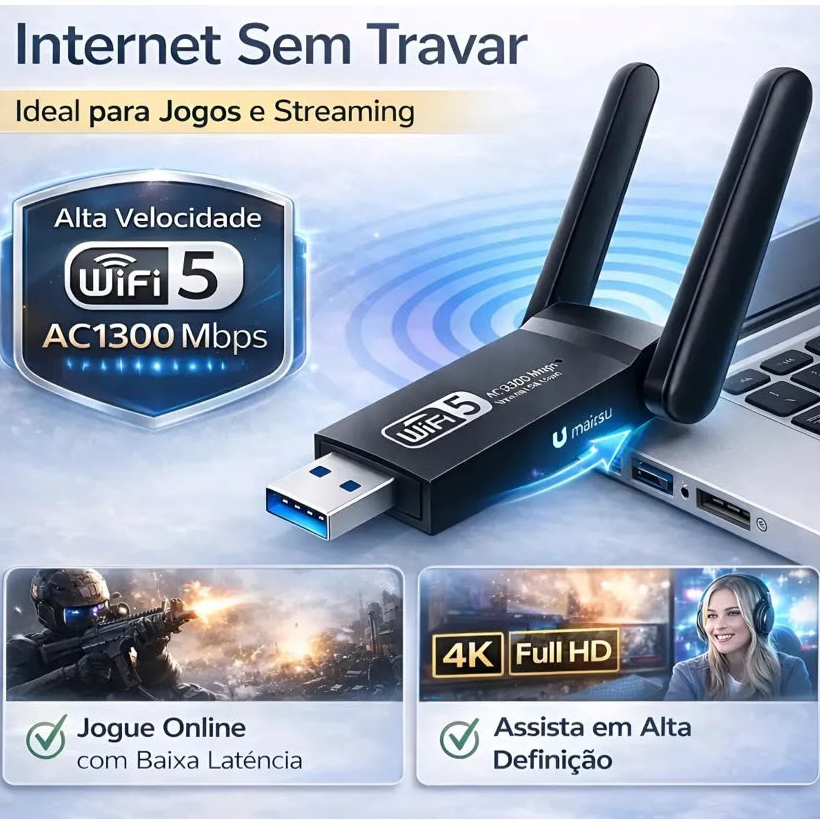 Adaptador Wifi Usb 5G Wireless Dual Band AC1300 5GHZ e 2.4GHZ 1300MPBS Duas Antenas