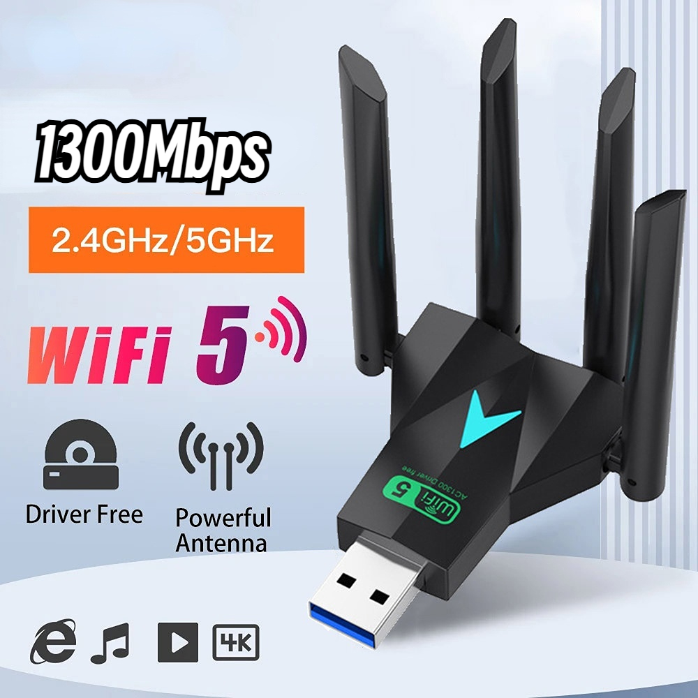 Adaptador USB WiFi 1300Mbps Dual Band 2.4G 5 GHz Receptor De Placa De Rede Sem Fio Para Driver De PC Grátis