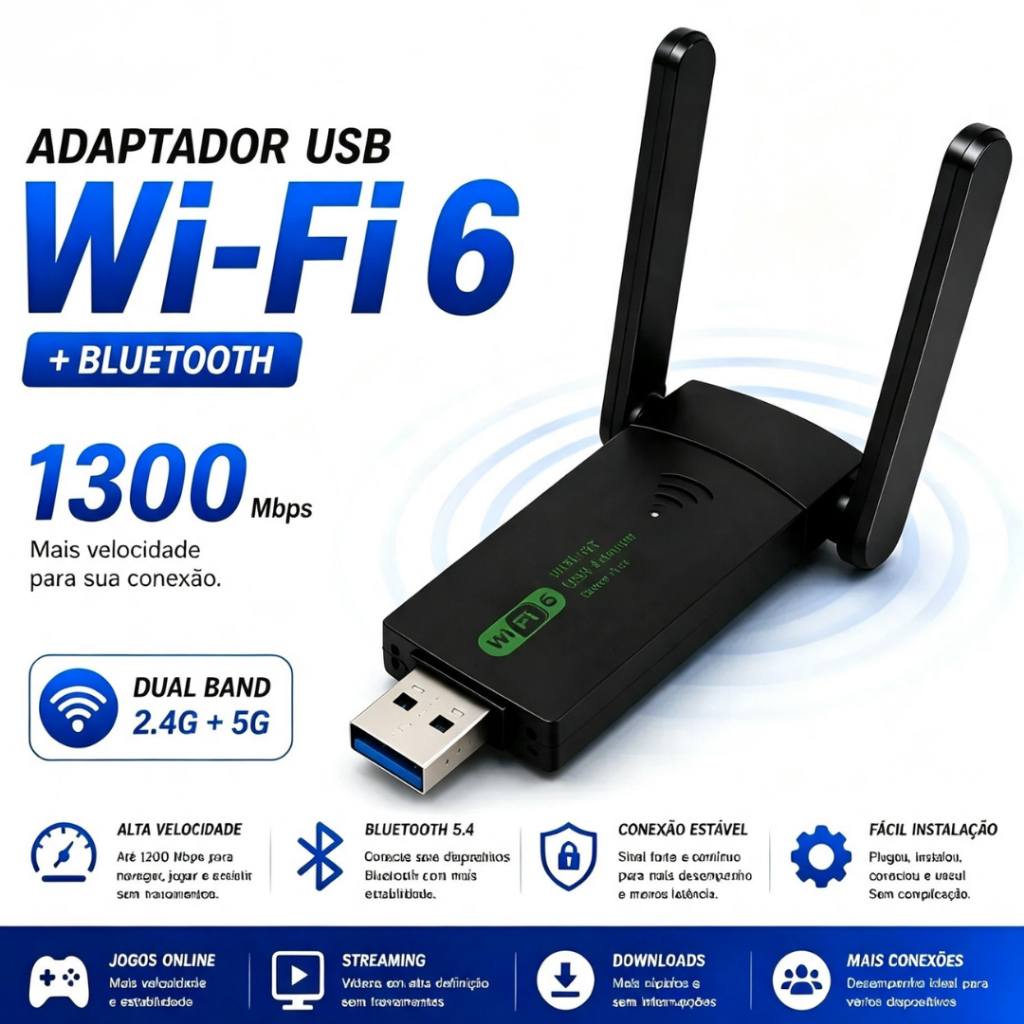 Adaptador USB Wi-Fi 6 Dual Band 2.4GHz+5GHz Até 1300Mbps Homologado ANATEL para Notebook e Desktop