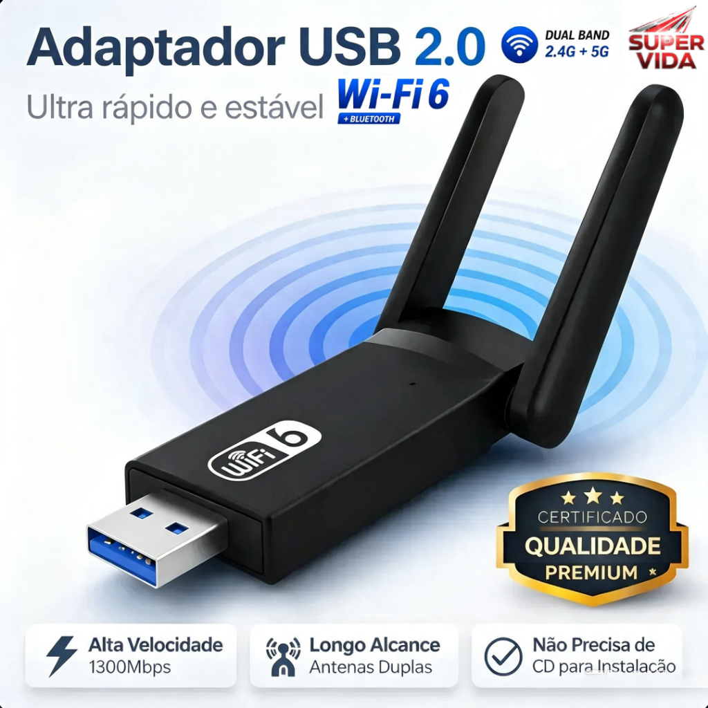 Adaptador USB Wi-Fi 6 Dual Band 2.4GHz+5GHz Até 1300Mbps Homologado ANATEL para Notebook e Desktop