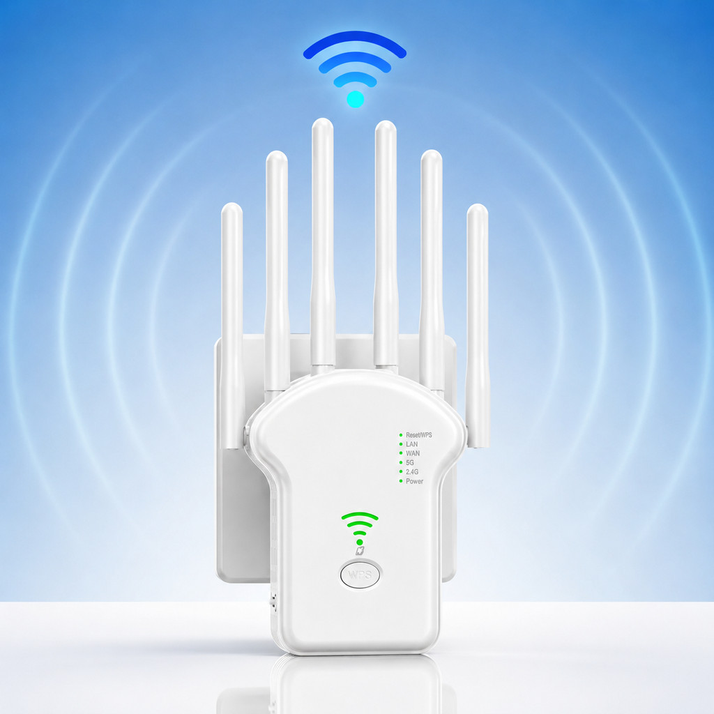 Amplificador de Sinal Internet WiFi 300+800Mbps Repetidor Wireless Dual Band 6 Antenas