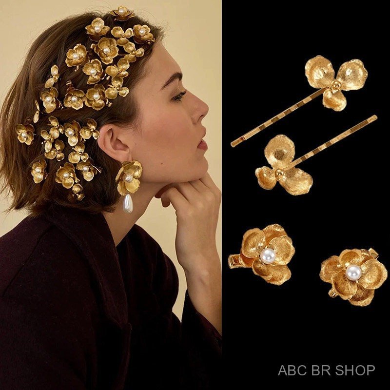Presilha de Cabelo Retro Francesa com Flor Dourada, Elegante Acessório de Cabelo para Noivas