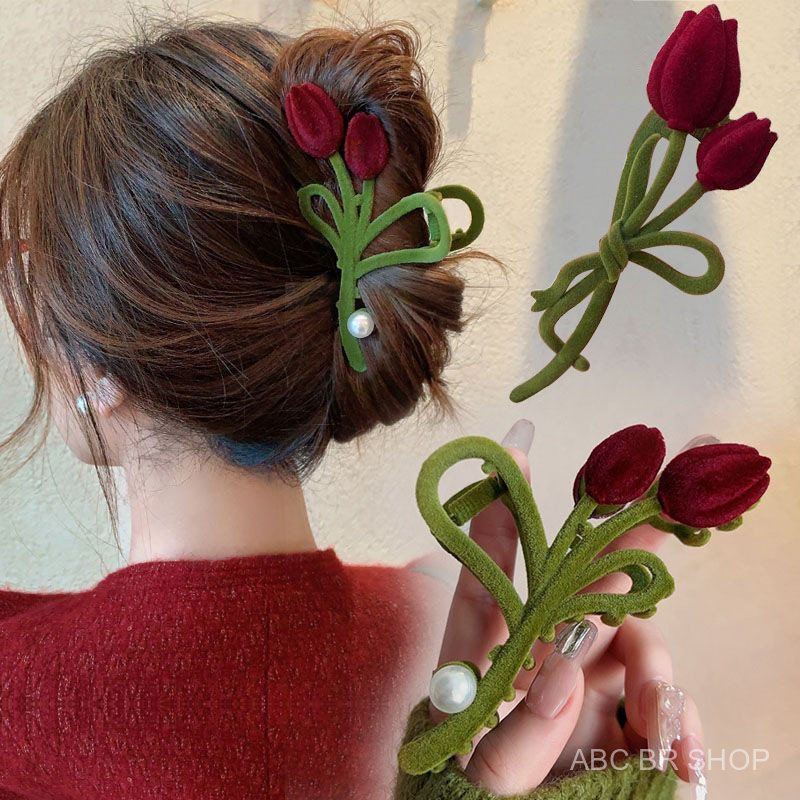 Presilha de cabelo em forma de tulipa vermelha, doce e elegante, com um estilo de moda francesa sofisticado.
