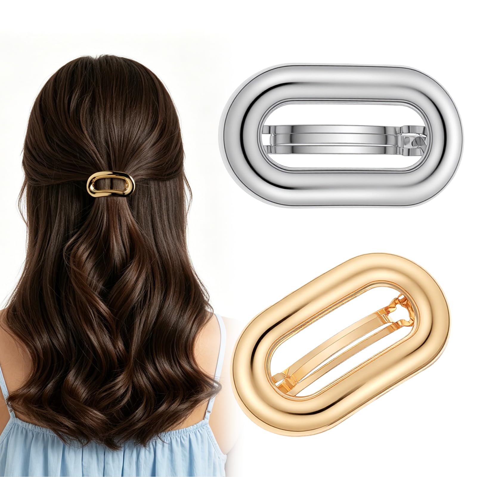 Presilhas De Cabelo Retrô Francesas De Metal Oval Prateado Dourado 2 Peças