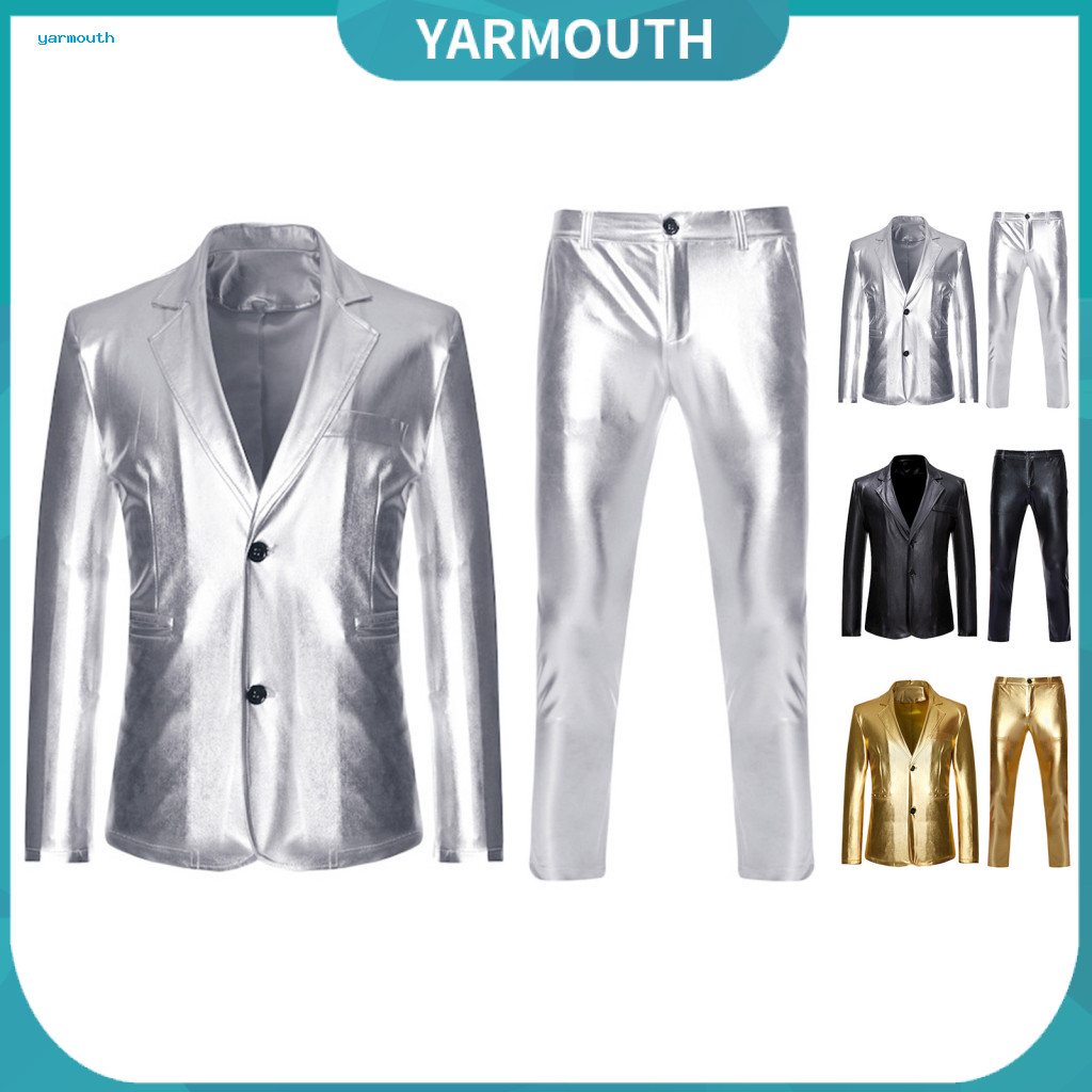 Regular Fit Suit Lapel Jacket Trousers 2pcs Men Business Set – Single Breasted Blazer Long Pants Stylish Golden Stampi