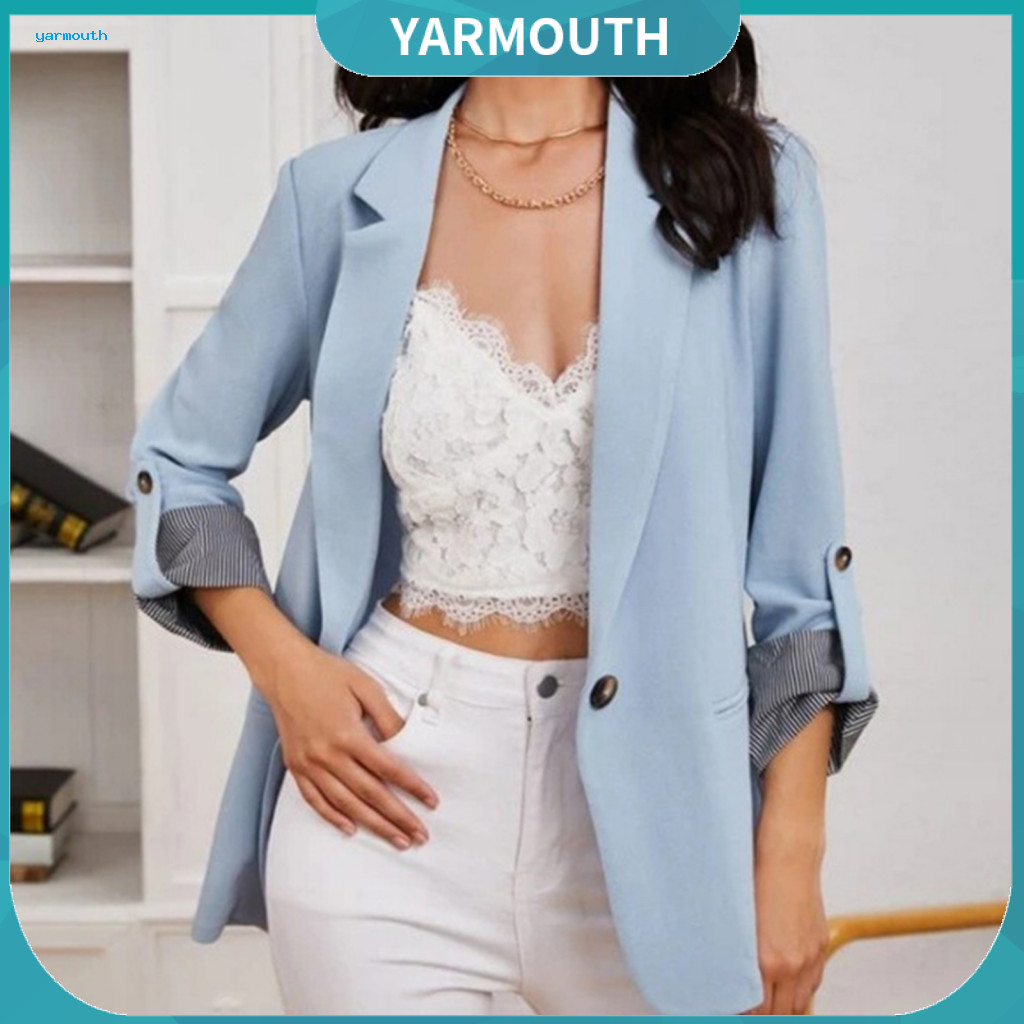 Men Short Suit Coat Women’s Business Jacket Lapel Collar Roll-up Long Sleeves Single Button Loose Fit Blazer for Sprin