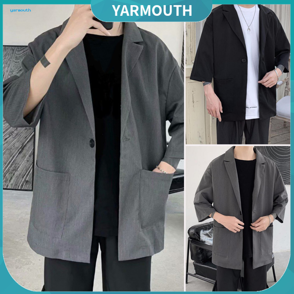 Versatile Men Jacket Three-quarter Sleeve Suit Coat Men's Spring Summer Single-button Solid Color 3/4 Loose Fit Blazer f