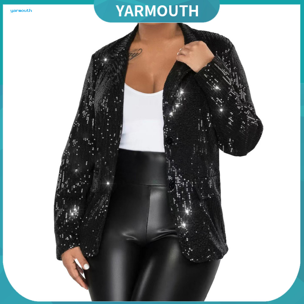 Women Suit Coat Classic Jacket Women’s Sequin Blazer Single-breasted Long Sleeve with Lapel Flap Pockets Loose Fit Out