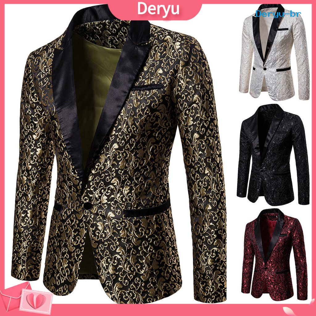 [Deryu]Blazer Masculino Jacquard Botão Único Outono Inverno Bolsos Lapela Terno Casaco Para Casamento