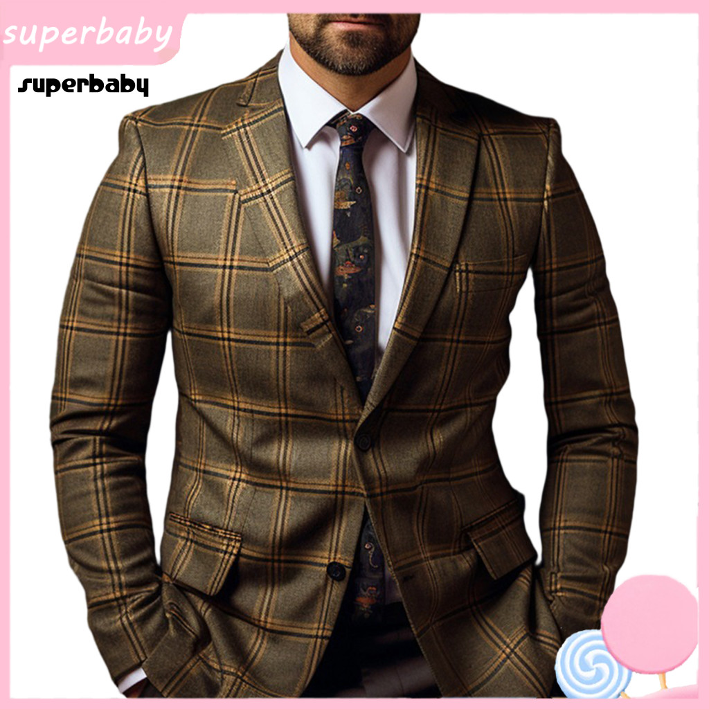 Men Slim Fit Suit Jacket Polyester Fiber Men's Plaid Coat Formal Business Blazer Single Button Closure Long Sleeve Mid-l