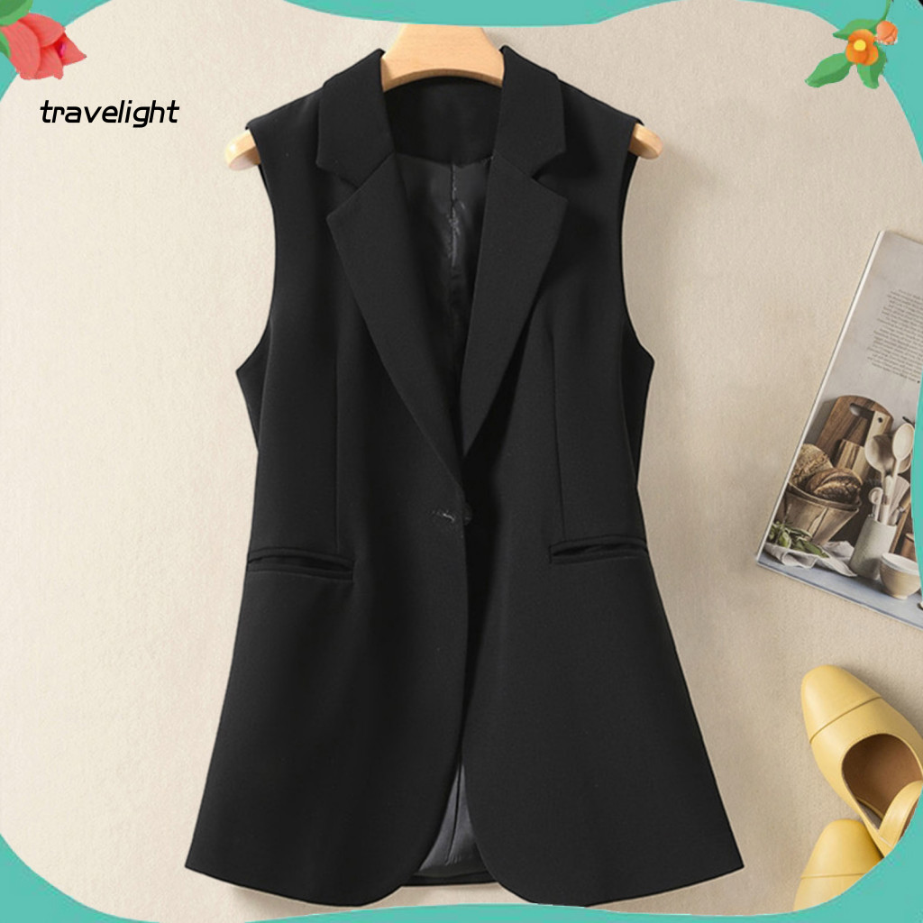 Slim Fit Suit Jacket Waistcoat Women Summer Vest with Pockets Single Button Lapel Office Workwear Solid Color Stylish Bl