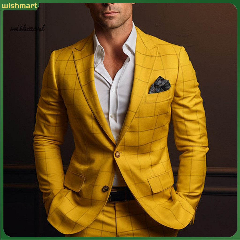 Men Slim Fit Suit Jacket Coat Men's Plaid Formal Business Blazer Single Button Closure Long Sleeve Mid-length Office Sty
