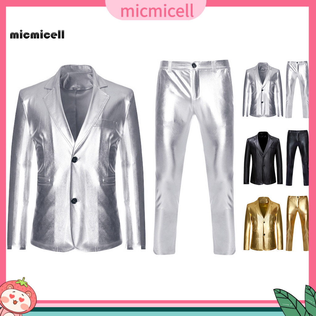 Lapel Suit Jacket Trousers Regular Fit 2pcs Men Business Set – Single Breasted Blazer Long Pants Stylish Golden Stampi