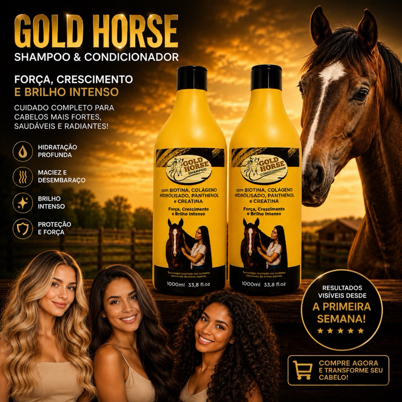 Kit Gold Horse Shampoo + Condicionador 1000ml | Biotina, Colágeno, Panthenol e Creatina | Força, Brilho e Maciez